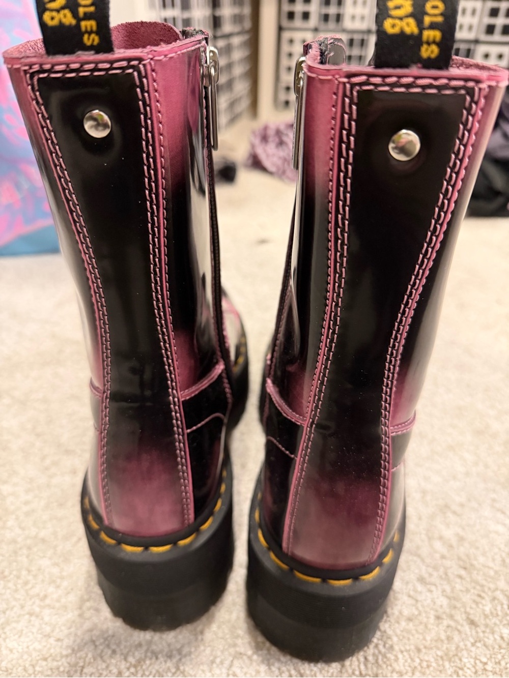 Dr. Martens Black & Pink Glossy Platform Combat Boots. Like new. Size 8. - Picture 4 of 8